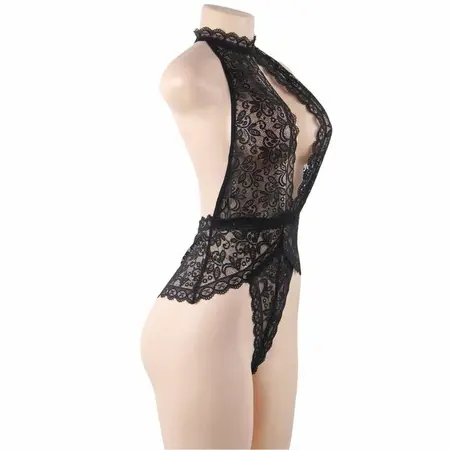 Subblime Lace Teddy L/XL - Open Cup, Halter Neck, Black