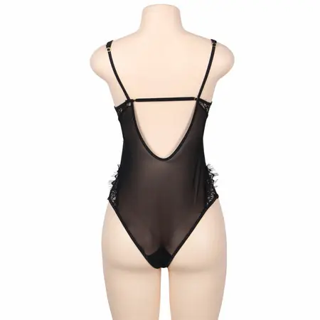 Subblime Queen Plus Black Floral Lace & Fringe Teddy - Elegant Lingerie