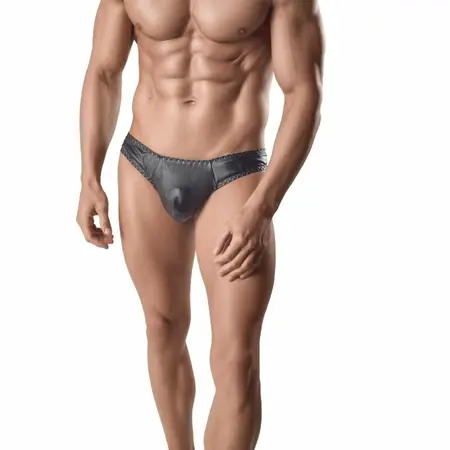 ANAIS MEN ARES II Black Leather-Effect Thong, Size M, Premium Comfort