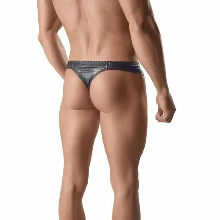 ANAIS MEN ARES II Black Leather-Effect Thong, Size M, Premium Comfort