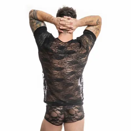 ANAIS MEN Romance T-Shirt XL - Black Lace Floral Design, Fitted Cut