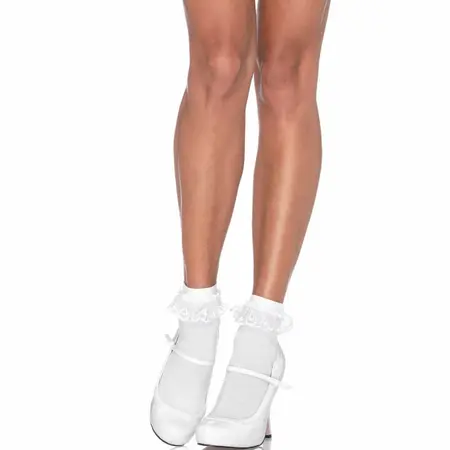 Leg Avenue Bele čipkane čarape sa volanom za gležnjeve - Elegantan vintage stil, One Size