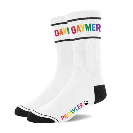 Prowler RED Gaymer Socks White/Pride - Rainbow Lettering, Paw Logo, Unisex
