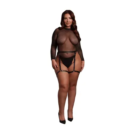 Leg Avenue Bodi plus size crna/zlatni šljokići otvorena leđa PU podvezice