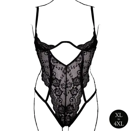Obsessive bodi model 8714273043801 plus size čipka otvorene čašice crna