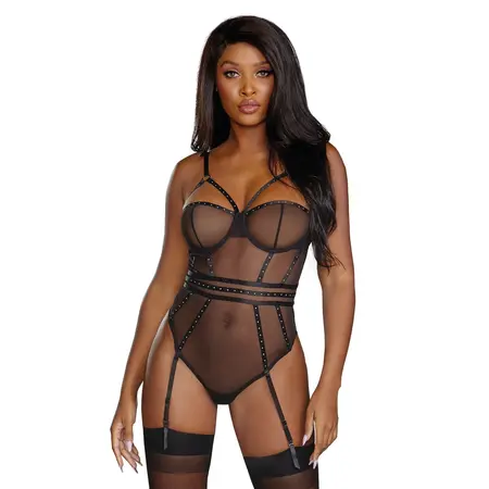 Oh La La Cheri Very Sheer Mesh Underwire Teddy with Gunmetal Accents L