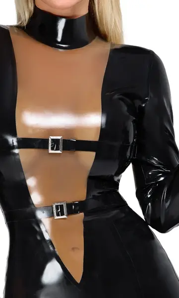 LateX Crna Lateks Haljina do Kolena 2XL sa Prozirnim Umetkom