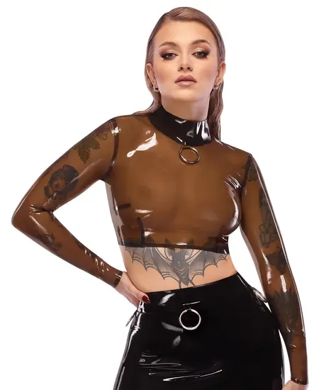 LateX Crop Top Dimljeno prozirni XL - Dug rukav, detalj metalni prsten