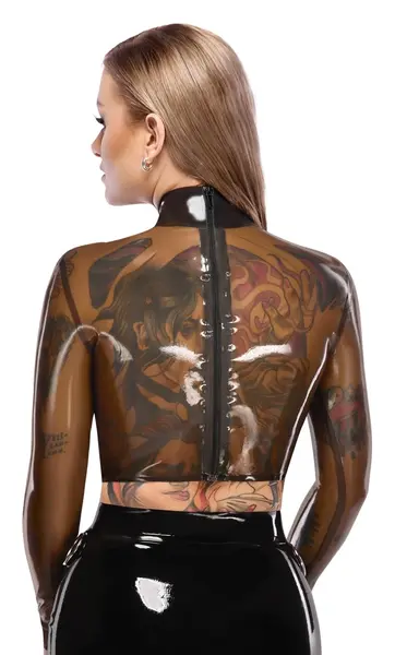 LateX Crop Top Dimljeno prozirni XL - Dug rukav, detalj metalni prsten