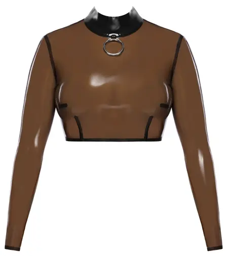 LateX Crop Top Dimljeno prozirni XL - Dug rukav, detalj metalni prsten