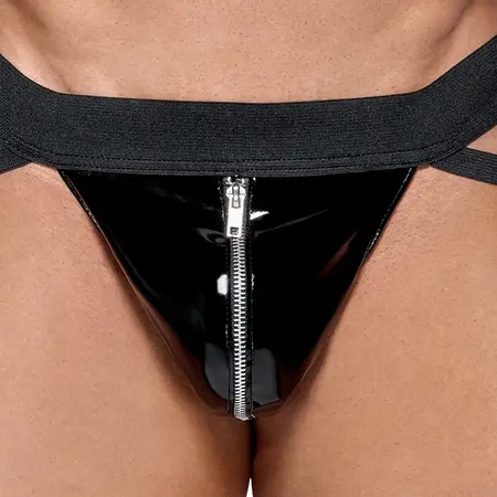 Black Level Vinil jockstrap za muškarce M sa srebrnim patent zatvaračem, crni finiš