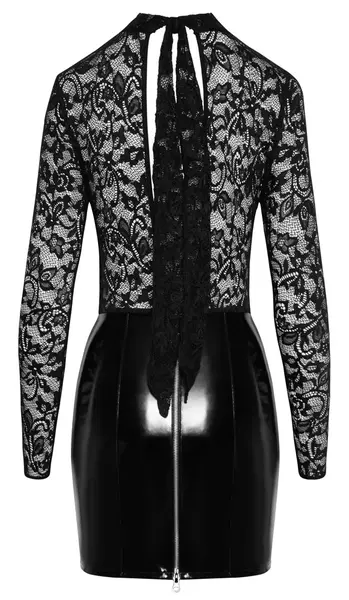 Black Level Vinil i Čipkana Mini Haljina S - Dugi Rukavi, Elegantna Crna