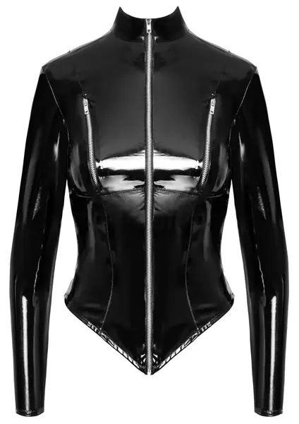 Black Level Vinil Jakna M - Sjajna crna pripijena zip-up dizajn