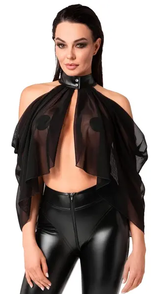 Noir Ručno Rađen Bolero od Tila XL - Prozirni Crni Ogrtač sa Halter Kragnom