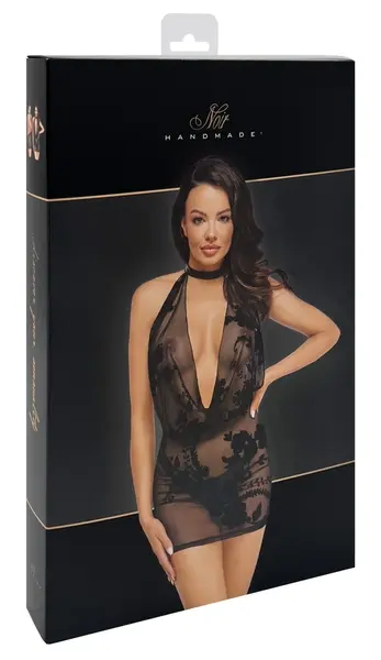 Noir Handmade Libido mini haljina S, prozirna crna, somot cvetni dizajn