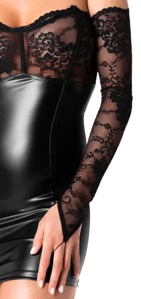 Noir Handmade Orgia Powerwetlook mini haljina sa čipkom i rukavicama XL