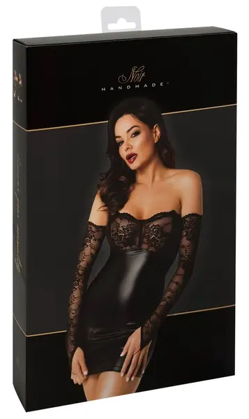 Noir Handmade Orgia Powerwetlook Mini Haljina sa Čipkom i Rukavicama L