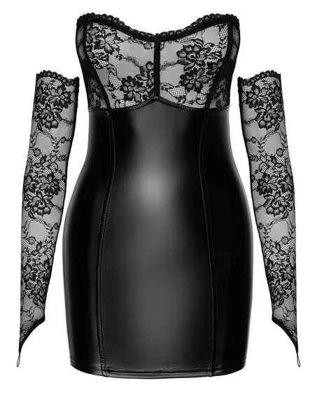 Noir Handmade Orgia Powerwetlook Mini Haljina i Čipkane Rukavice S