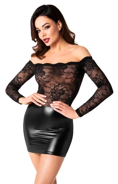Noir Handmade Orgia Exclusive Čipka i Wetlook Mini Haljina S Crna