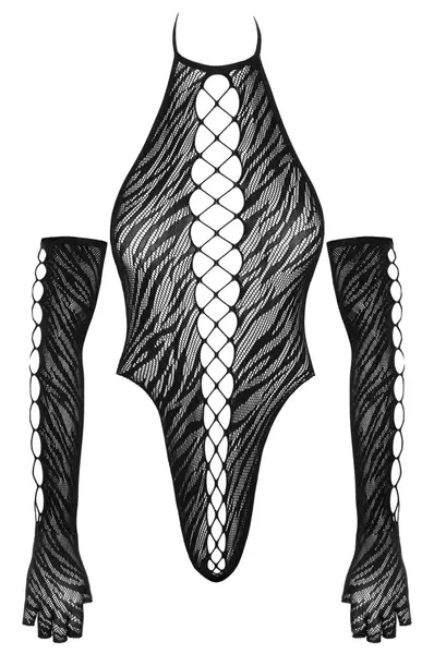 Cottelli FANTASY Crni Tigrasti Bodysuit i Duge Rukavice Set S-L