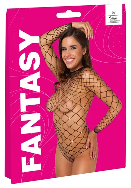 Cottelli FANTASY S-L Crni Mrežasti Bodysuit sa Rhinestone-ovima, Dugi Rukav