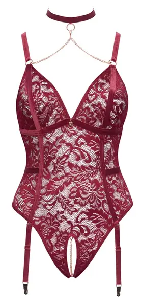 Cottelli Curves Čipka i Velur Body sa Podvezicama Crveni 2XL Podesivi Lanci