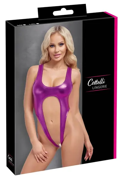 Cottelli LINGERIE Bodi Metalik Roze S/M - Sjajan High-Leg Bodysuit