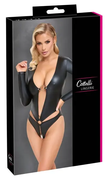 Cottelli Lingerie Mat Crni Bodi Dugih Rukava M, Otvoreni Front