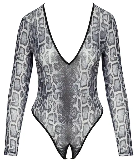 Cottelli Lingerie Bodi Zmija S - Transparentni Bodi Dugih Rukava sa Zmijskom Kožom