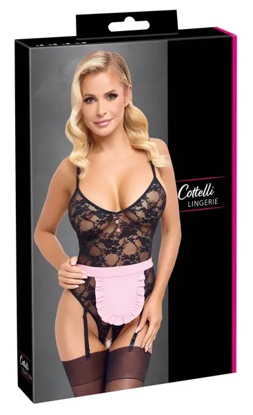 Cottelli Costumes Sobarica Rastezljiva Čipkana Bodija M, Uklonjive Podvezice, Crna/Roze