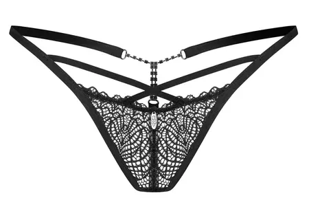 Obsessive Iliosa čipkasti string 2XL/3XL sa dekorativnim lancem crni