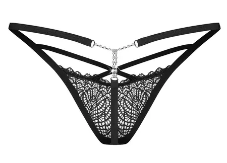 Obsessive Iliosa čipkasti string 2XL/3XL sa dekorativnim lancem crni