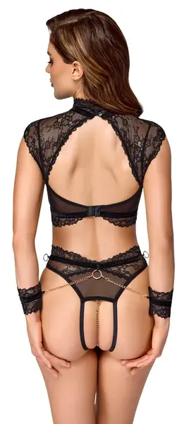 Cottelli Bondage Čipkani Bra i Gaćice Bez Međunožja Set sa Lisicama M