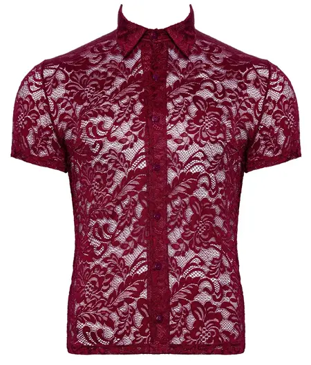 Svenjoyment Men’s Lace Shirt Burgundy Floral Short Sleeve M
