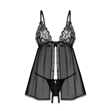 Obsessive Blomentis Babydoll & Thong Set Crni XS/S Elegantna Čipka