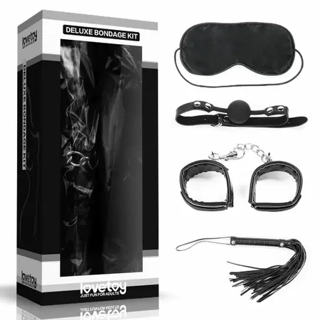 Lovetoy 4-Piece Deluxe Set - Handcuffs, Ball Gag, Mask & Whip, Black
