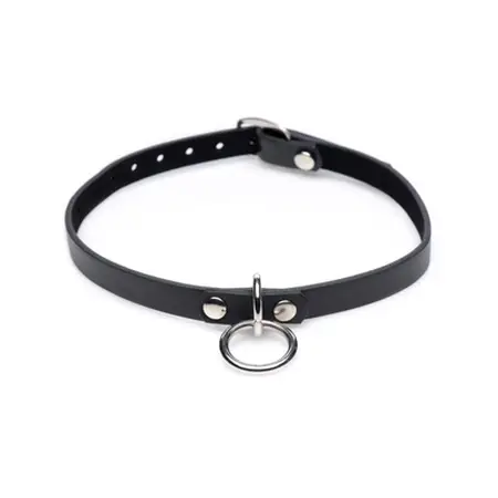 Collared Vixen Slim PU Leather Choker with Silver O-Ring, Black, Adjustable