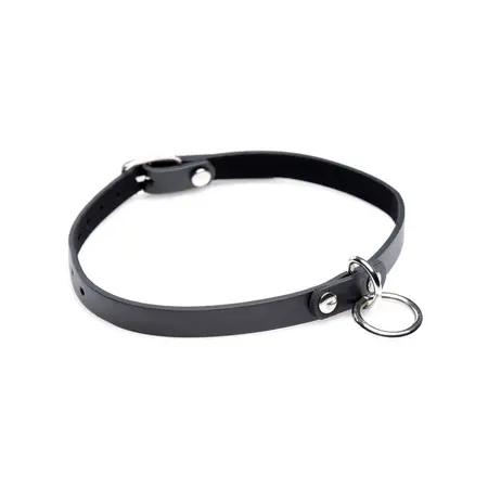 Collared Vixen Slim PU Leather Choker with Silver O-Ring, Black, Adjustable