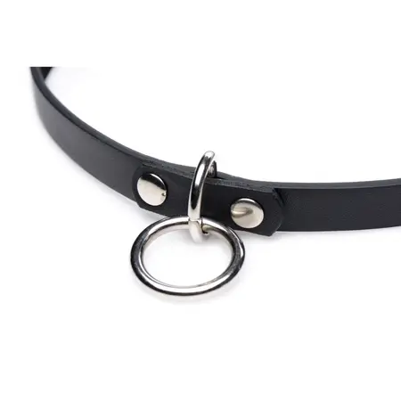 Collared Vixen Slim PU Leather Choker with Silver O-Ring, Black, Adjustable