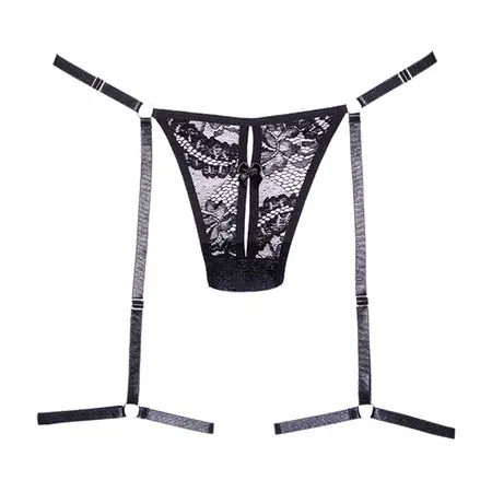 Say it with Garters Lace Thong OS Black - Adjustable Lace Lingerie Set