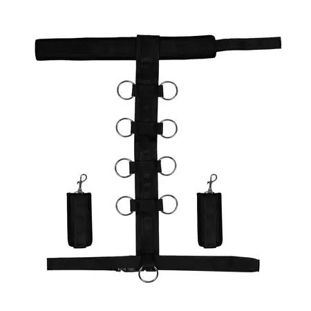 Ouch! Adjustable Black Nylon Harness with Collar & Hand Cuffs Set