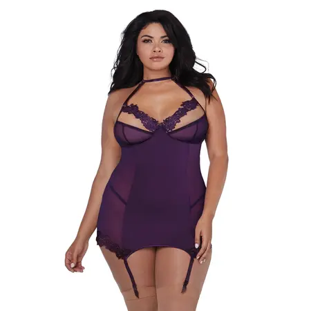 Dreamgirl Plus Size Microfiber & Mesh Garter Slip with Lace Detail