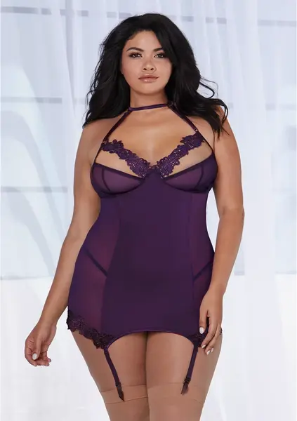 Dreamgirl Plus Size Microfiber & Mesh Garter Slip with Lace Detail