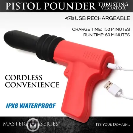XR Brands Thrusting Pistola Silicone Vibrator Red Waterproof USB