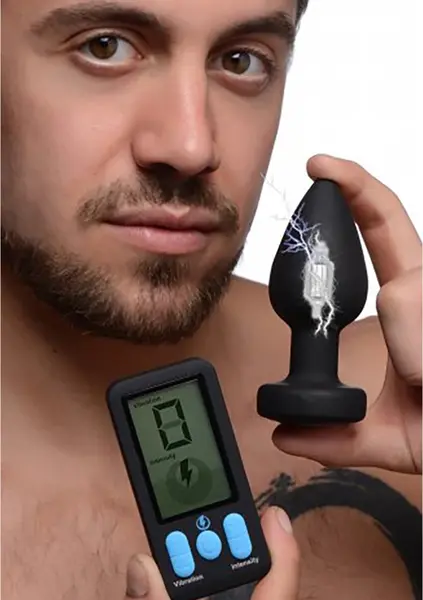 E-Stim Pro Silicone Vibrating Plug with Remote - 5 Modes, Black
