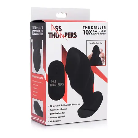 XR Brands Driller Swirled Vibrating Anal Plug Remote Silicone Black