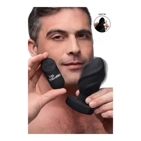 XR Brands Driller Swirled Vibrating Anal Plug Remote Silicone Black