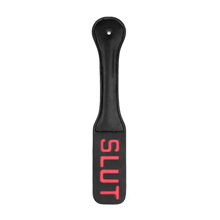 Ouch! Paddle SLUT sa reverznim tekstom, kožni alat za udaranje, crni