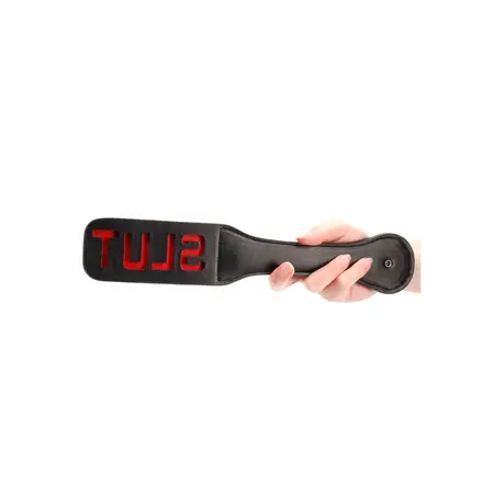 Ouch! Paddle SLUT sa reverznim tekstom, kožni alat za udaranje, crni