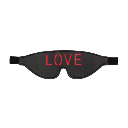 Ouch! Leather Blindfold LOVE Cutout Red-Black Design Adjustable Strap